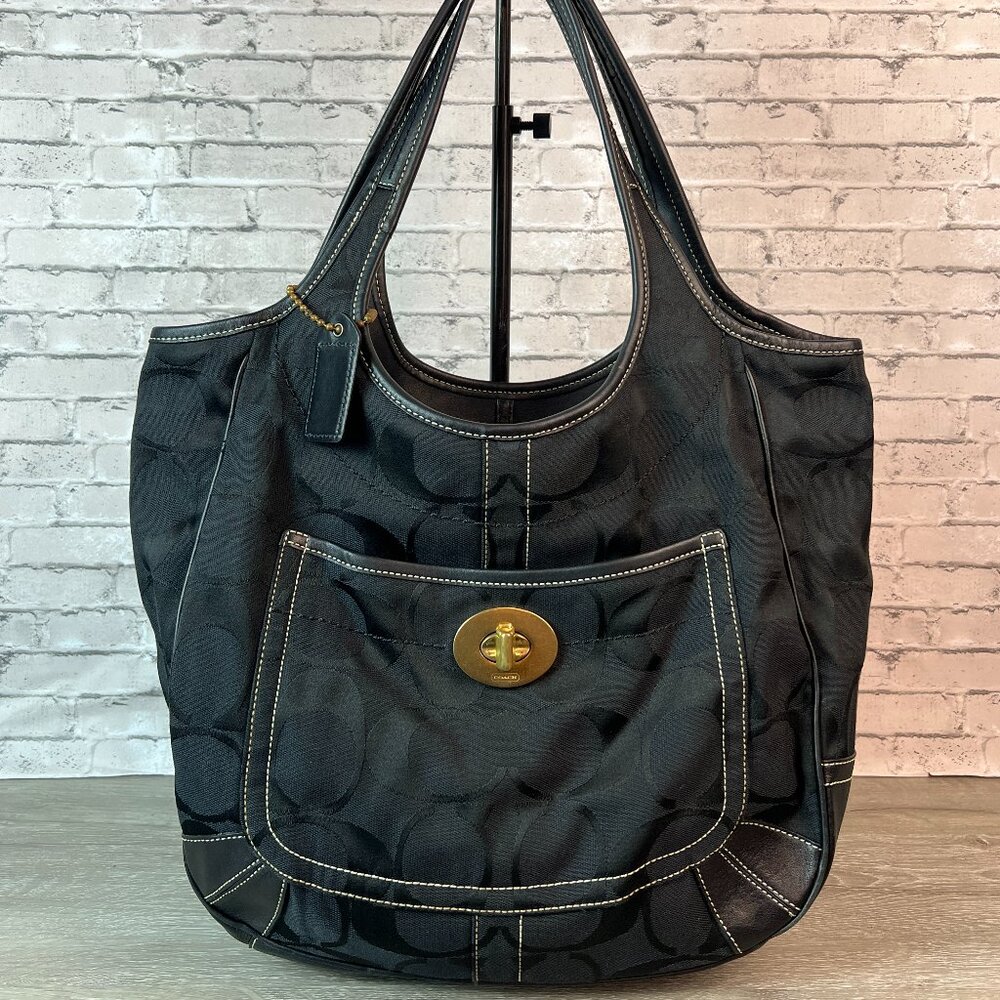 Coach Signature Ergo Large Tote Bag Black CC Monogram Jacquard Leather 10767